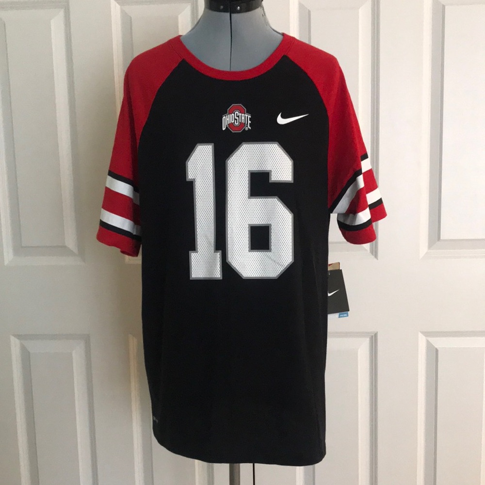New Nike Tee Dri-Fit Black Red White Ohio State University Football 16 Shirt L